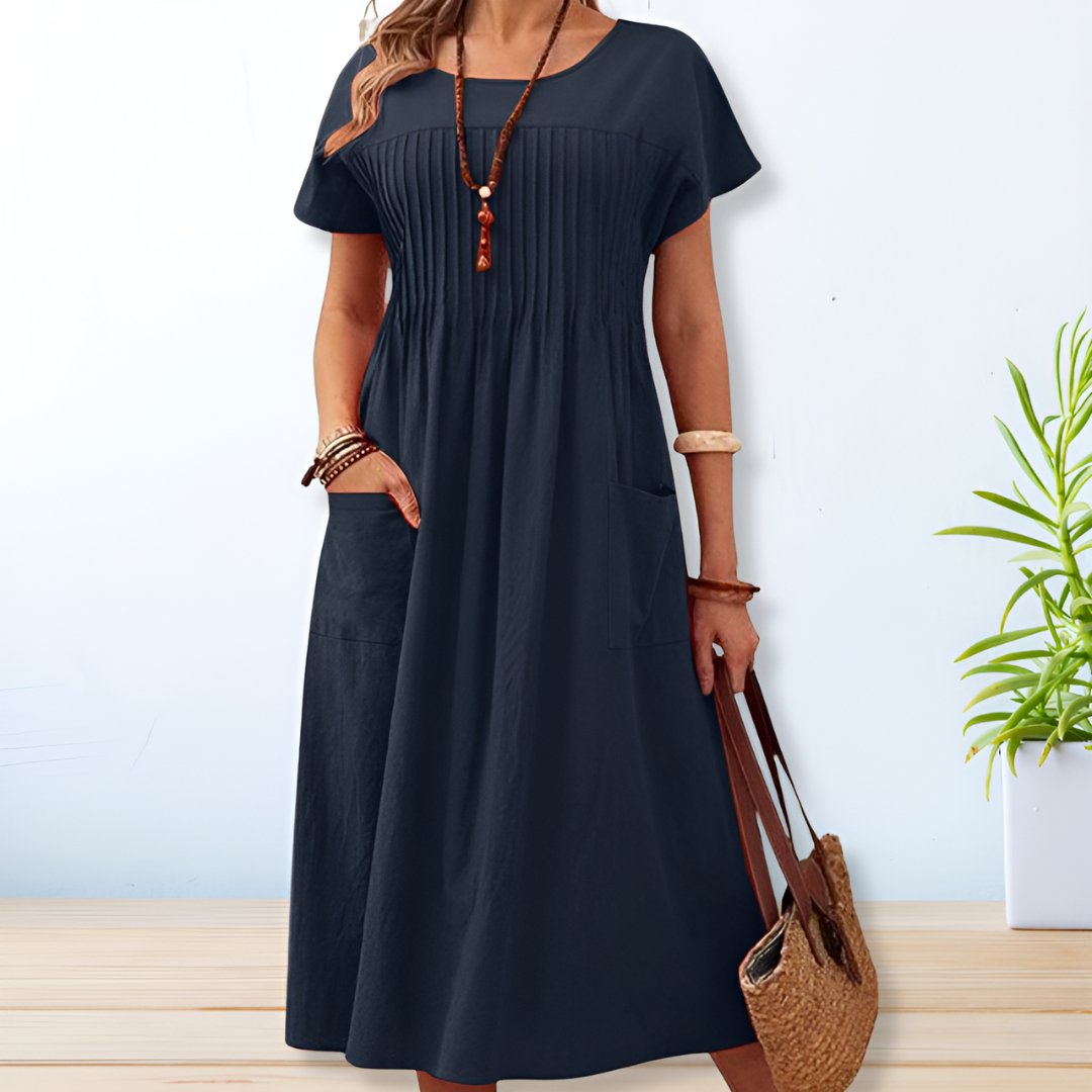 Relaxed Fit Dress with Side Seam Pockets and Short Sleeves, Mid-Length Cotton Blend