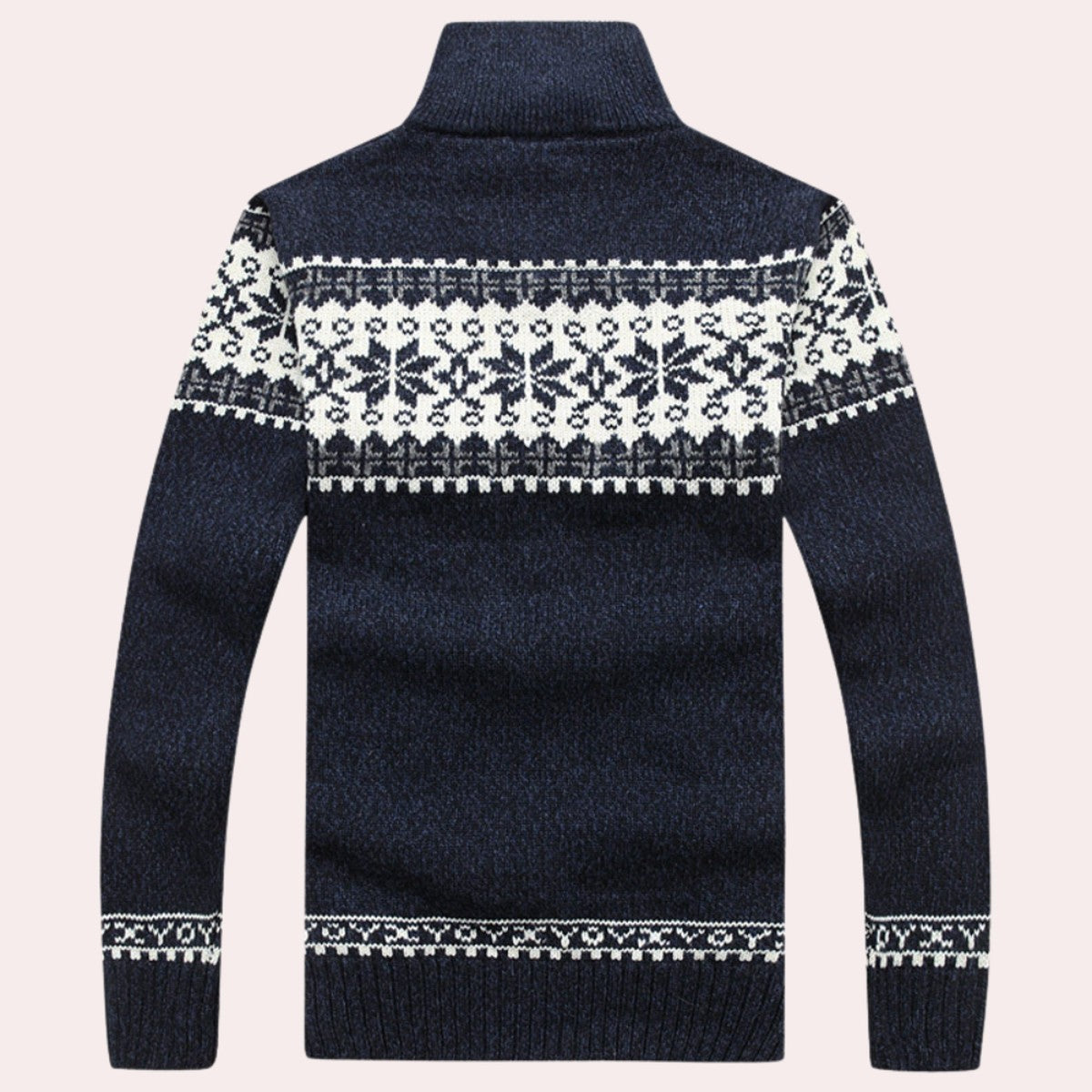 Mens Fleece Lined Zip Up Cardigan Sweater with Fair Isle Geometric Pattern