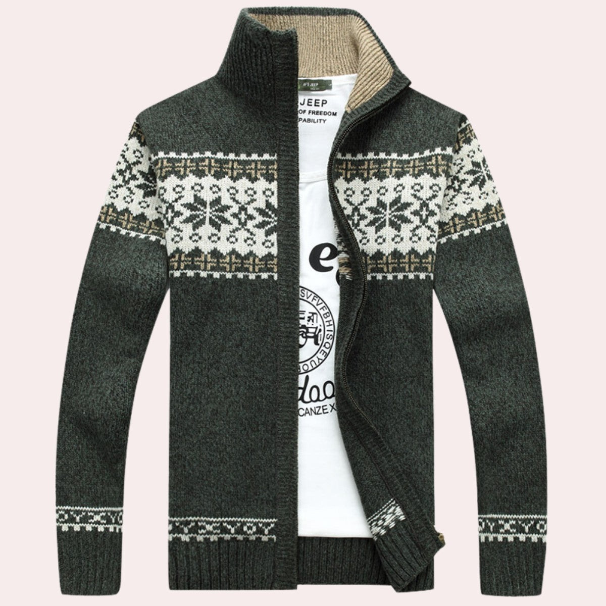 Mens Fleece Lined Zip Up Cardigan Sweater with Fair Isle Geometric Pattern