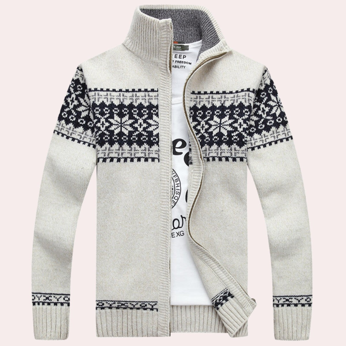 Mens Fleece Lined Zip Up Cardigan Sweater with Fair Isle Geometric Pattern