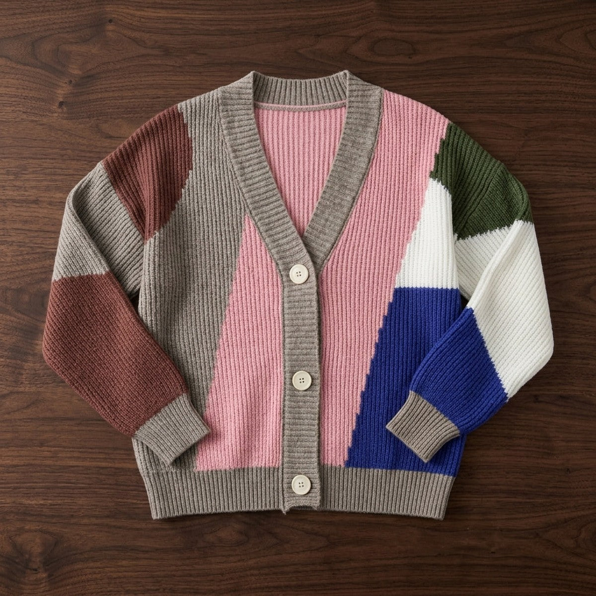 Knitted Color Block Cardigan Sweater with Contrast Stitching and Front Buttons