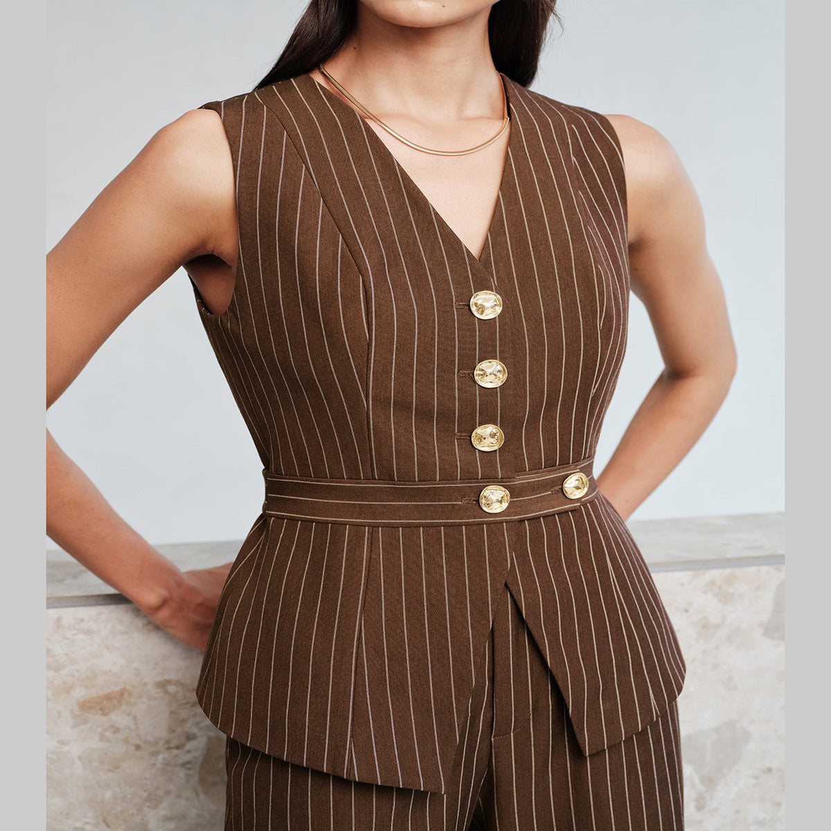 Tailored Vest and Straight Leg Pants Two Piece Set with Brown Pinstripes