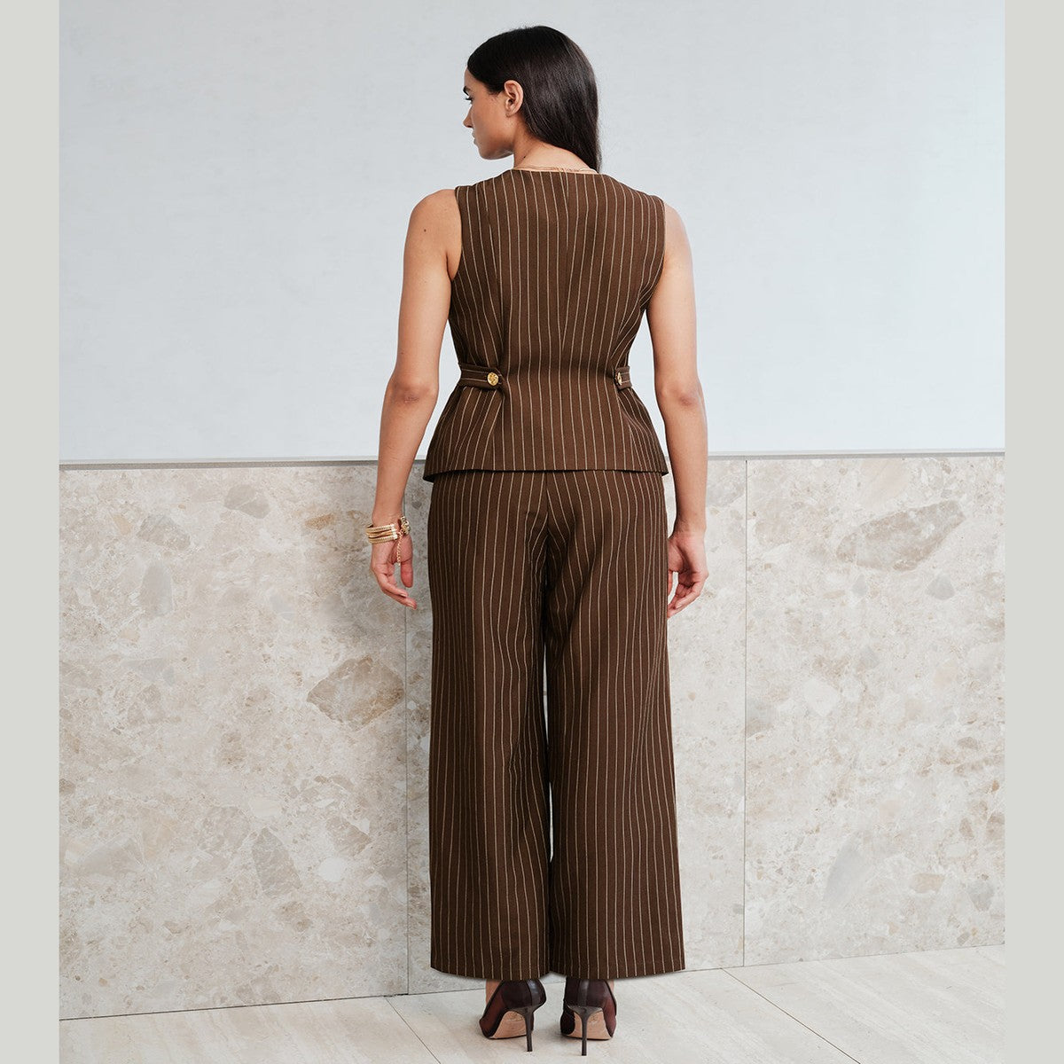 Tailored Vest and Straight Leg Pants Two Piece Set with Brown Pinstripes