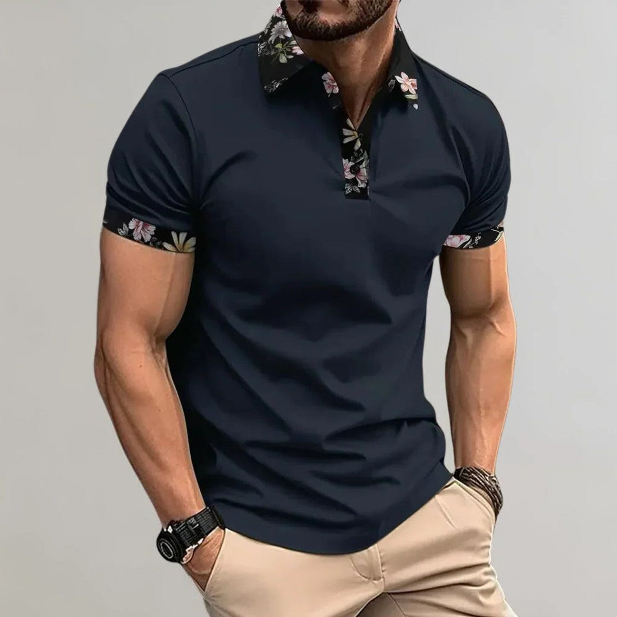 Men Breathable Short Sleeve Polo Shirt with Contrast Tipped Collar and Chest Pocket