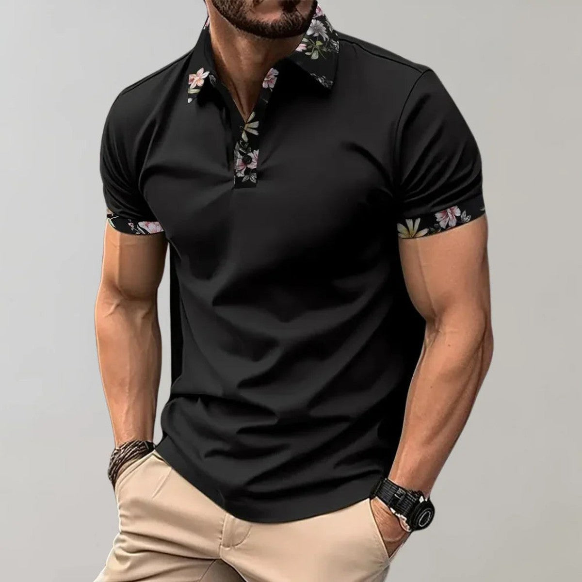 Men Breathable Short Sleeve Polo Shirt with Contrast Tipped Collar and Chest Pocket