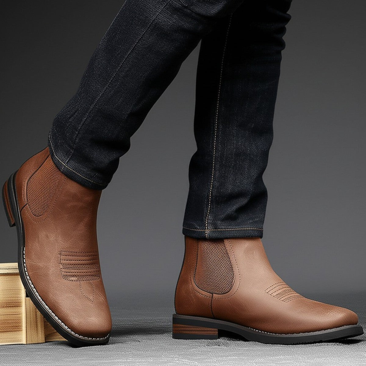 Men Leather Ankle Dress Boots with Square Toe and Elastic Side Panels