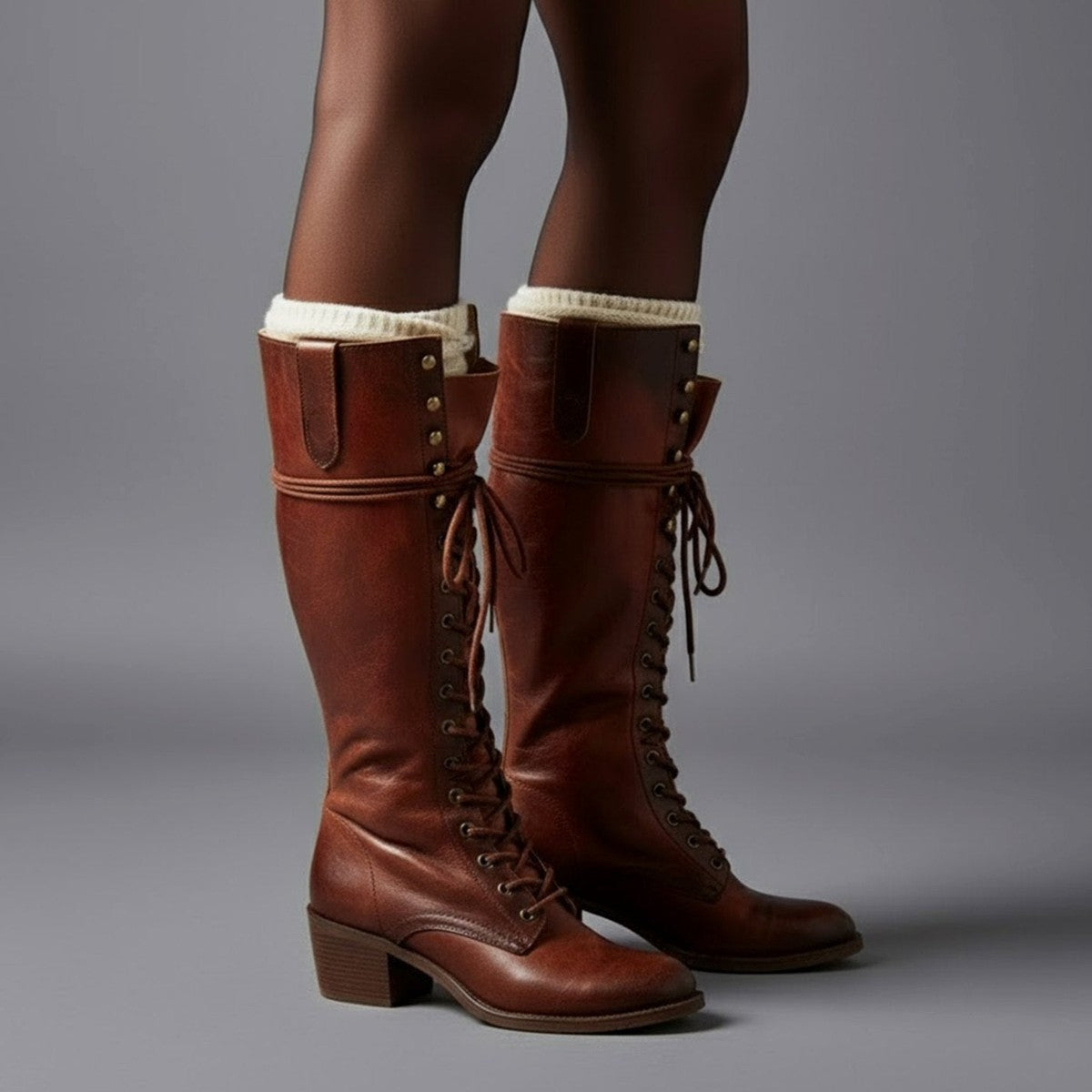 Womens Knee High Lace Up Boots with Side Zipper and Low Block Heel