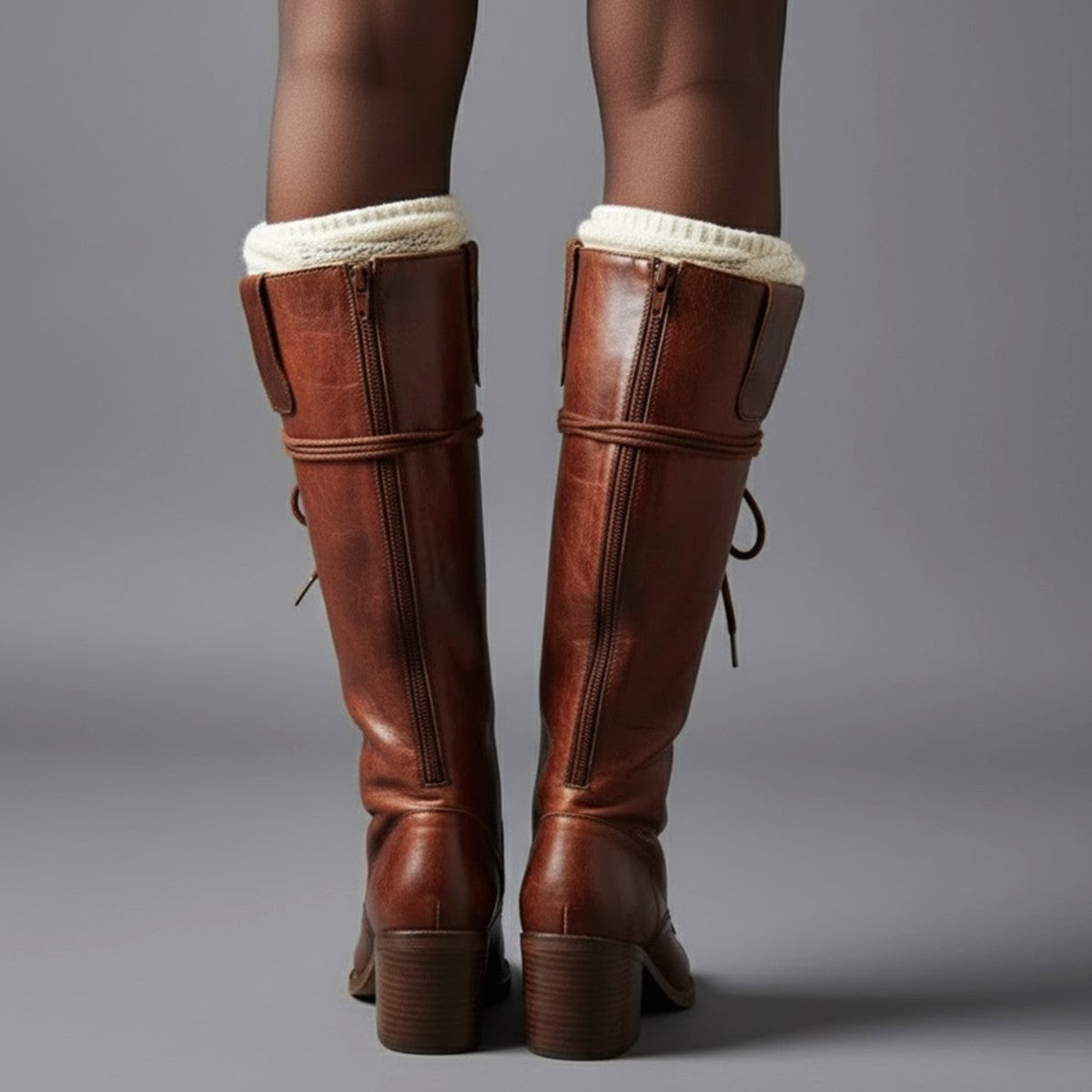 Womens Knee High Lace Up Boots with Side Zipper and Low Block Heel