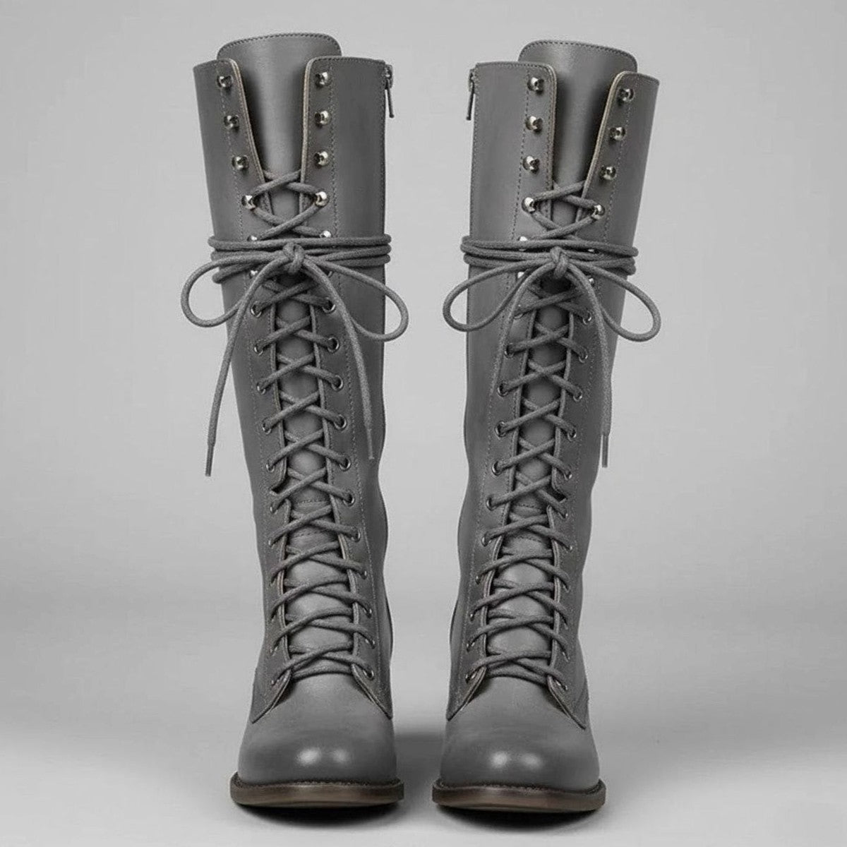 Womens Knee High Lace Up Boots with Side Zipper and Low Block Heel