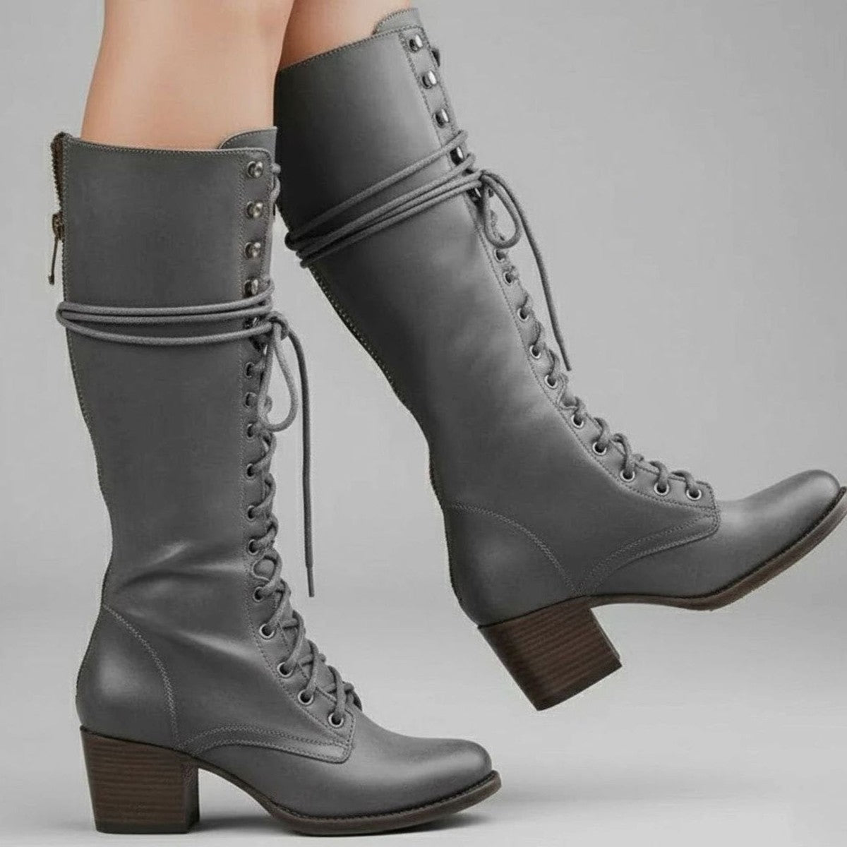 Womens Knee High Lace Up Boots with Side Zipper and Low Block Heel