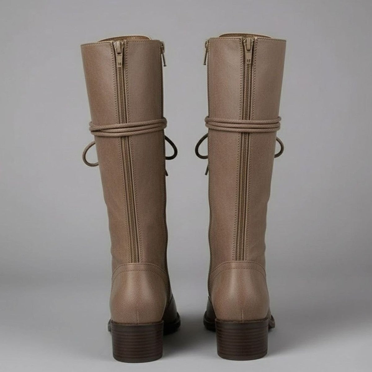 Womens Knee High Lace Up Boots with Side Zipper and Low Block Heel