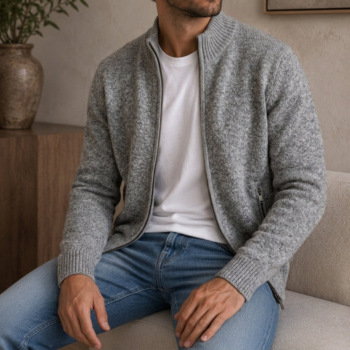 Men Casual Full Zip Knit Cardigan Sweater with Stand Collar