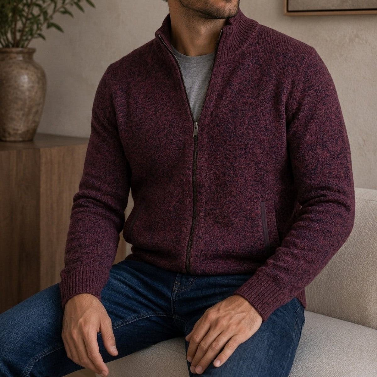 Men Casual Full Zip Knit Cardigan Sweater with Stand Collar