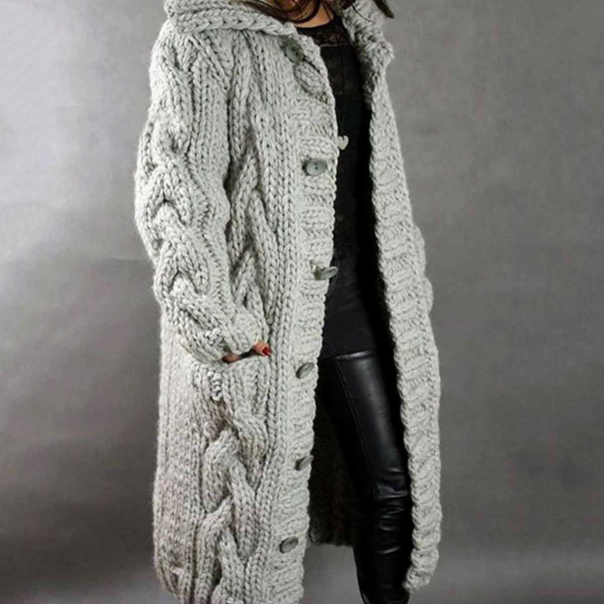 Chunky Cable Knit Long Sleeve Hooded Sweater with Front Horn Buttons