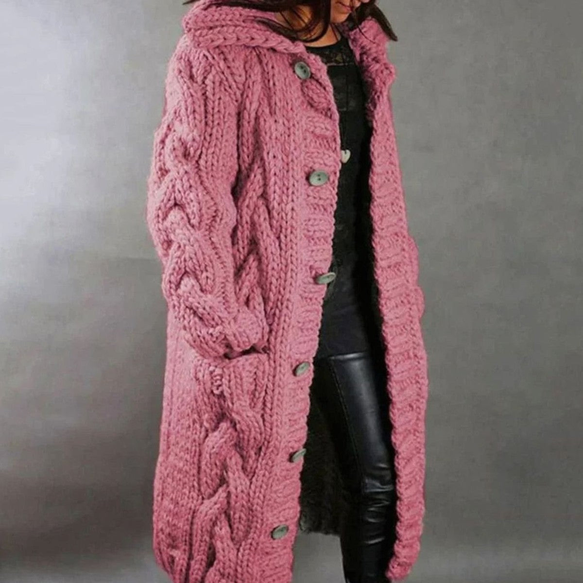 Chunky Cable Knit Long Sleeve Hooded Sweater with Front Horn Buttons