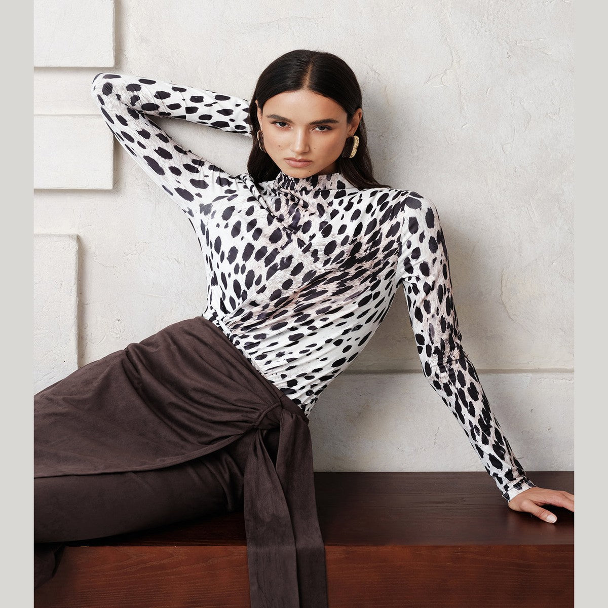 Sleeveless High Neck Bodysuit with Black and White Leopard Pattern