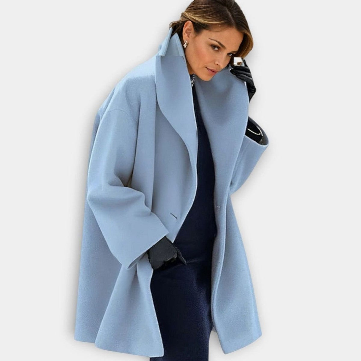 Women Double Breasted Pea Coat with Wide Notched Lapel Collar and Pockets