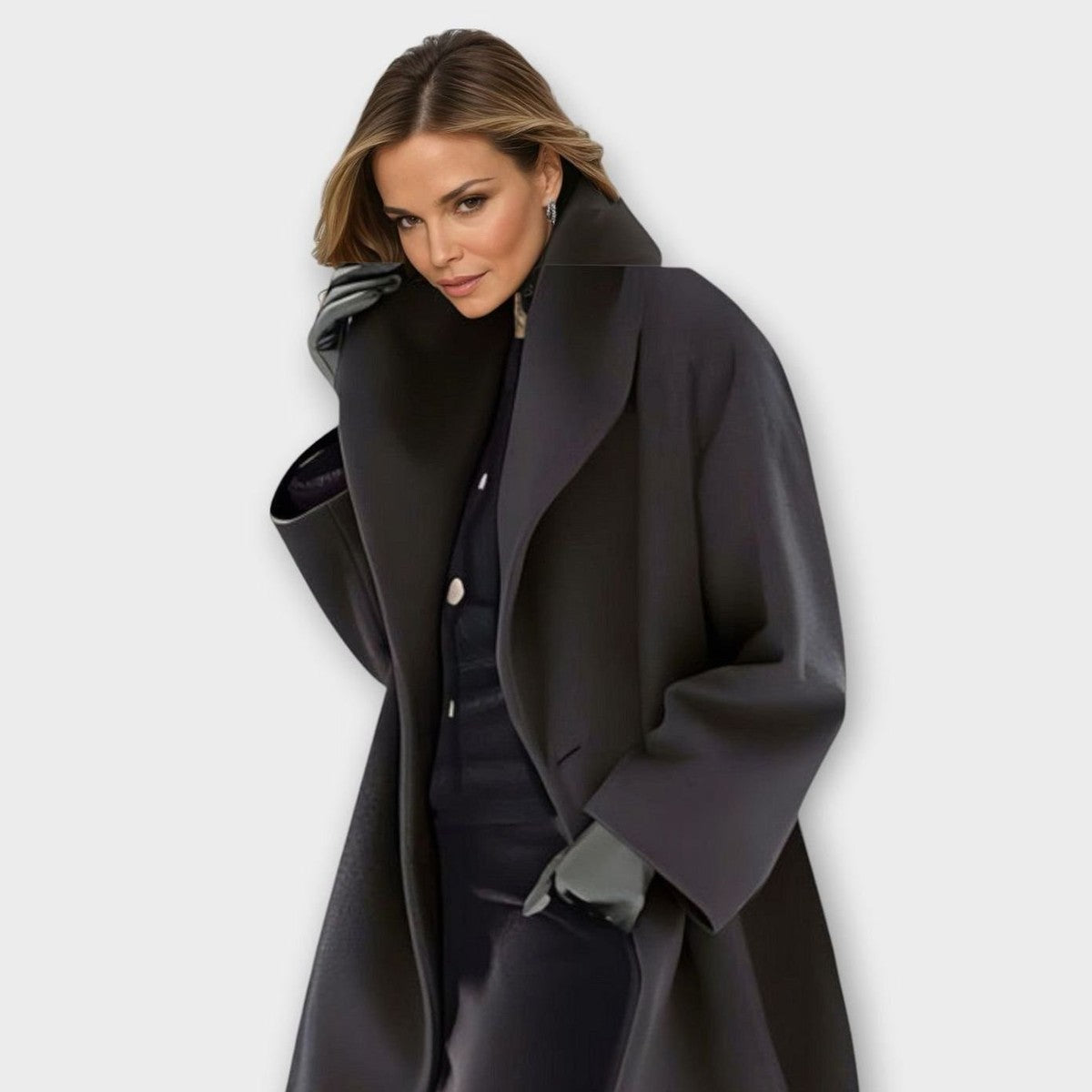 Women Double Breasted Pea Coat with Wide Notched Lapel Collar and Pockets