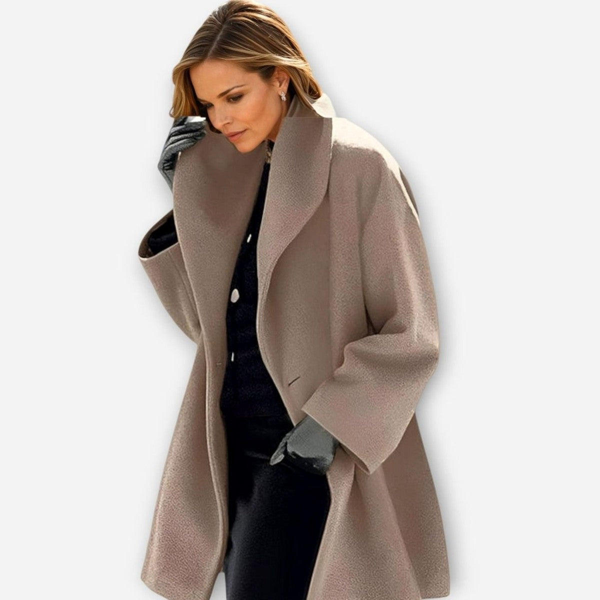 Women Double Breasted Pea Coat with Wide Notched Lapel Collar and Pockets
