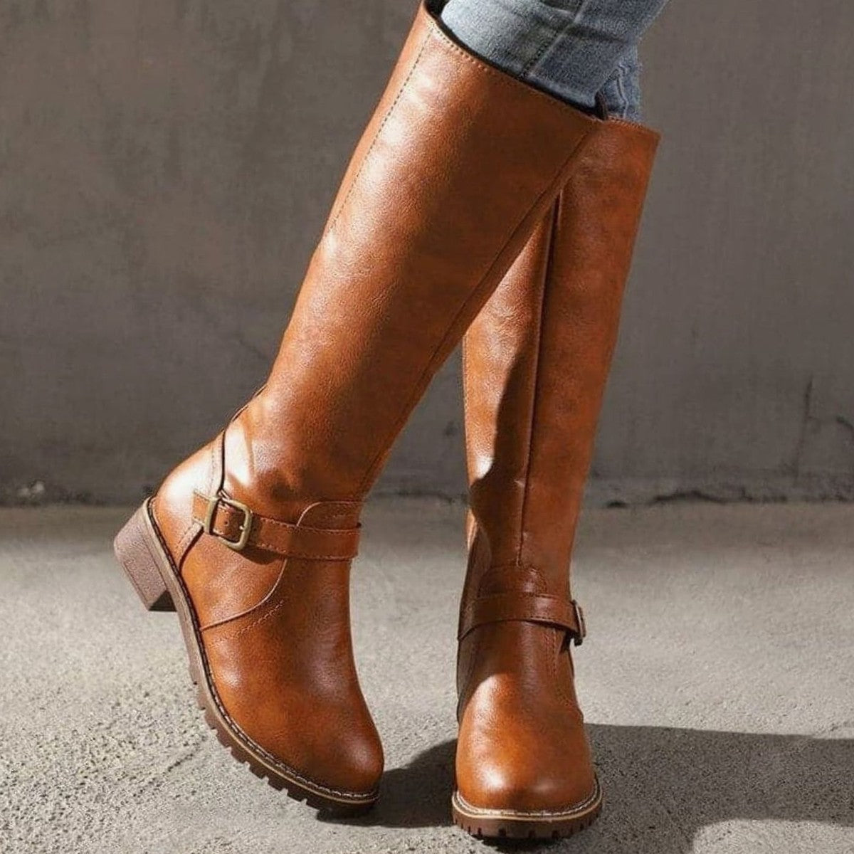 Womens Knee High Riding Boots with Side Zipper and Metal Buckle Strap