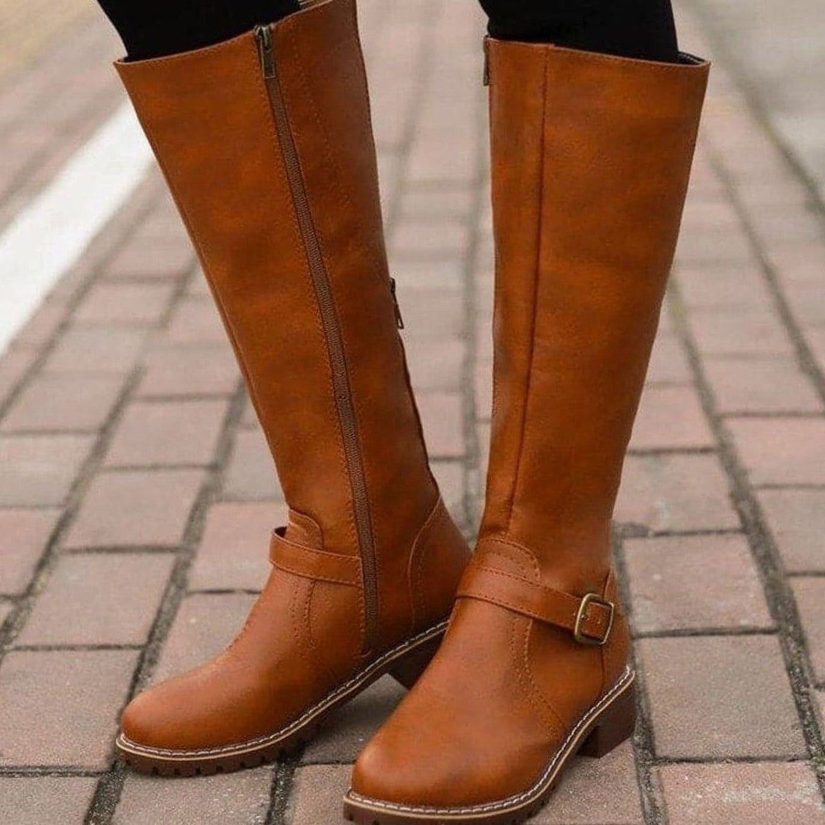 Womens Knee High Riding Boots with Side Zipper and Metal Buckle Strap