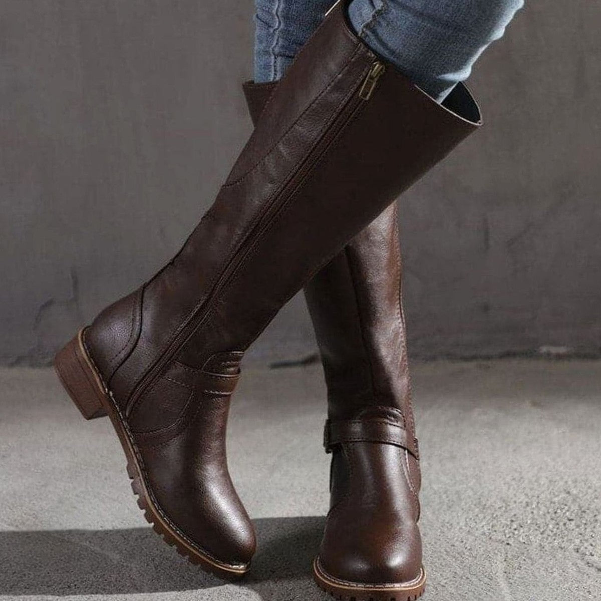 Womens Knee High Riding Boots with Side Zipper and Metal Buckle Strap