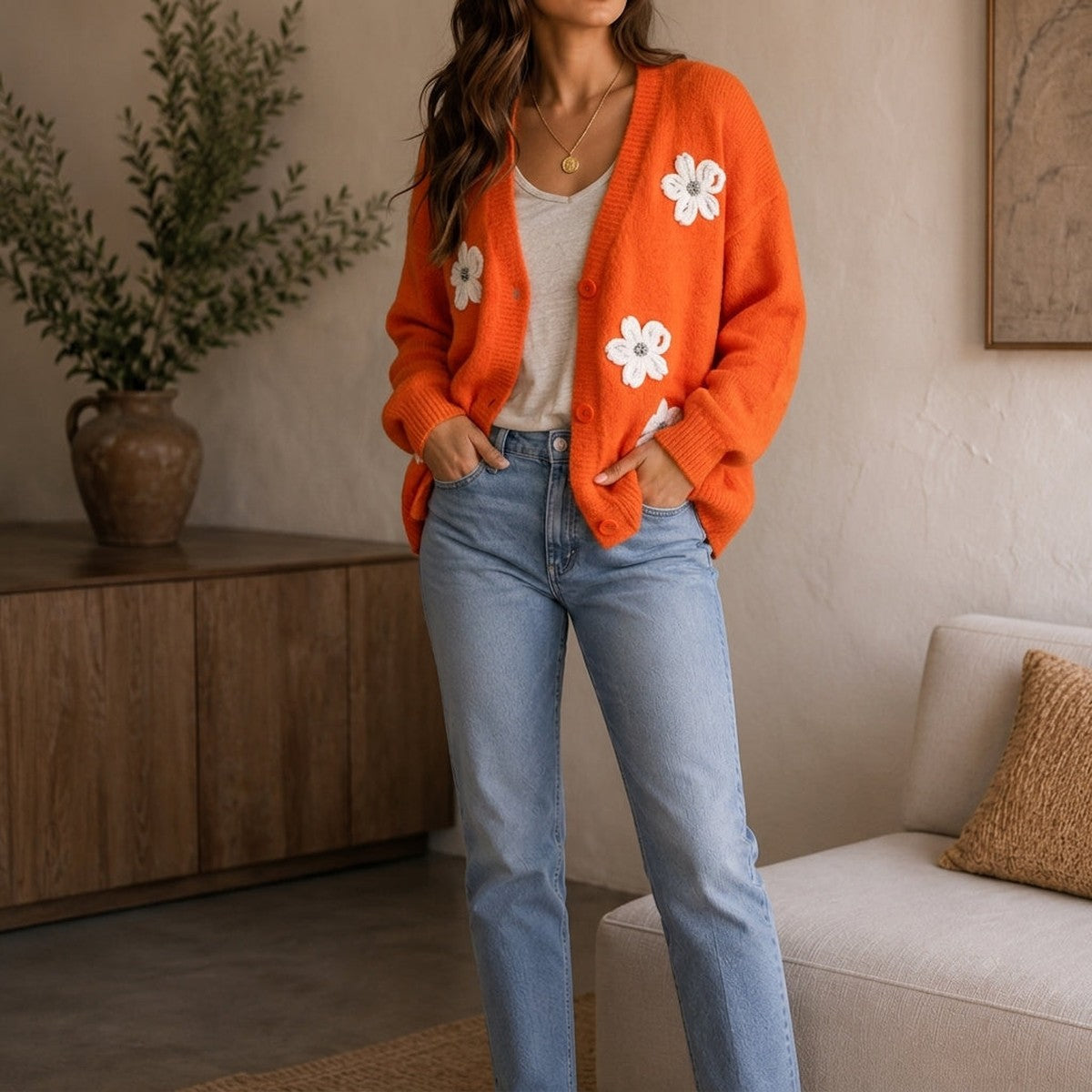 Long Sleeve Knitted Cardigan Sweater with Embroidered Floral Pattern and Button Closure