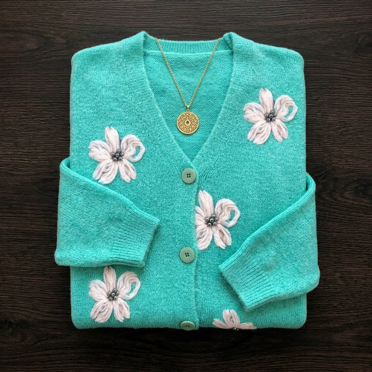 Long Sleeve Knitted Cardigan Sweater with Embroidered Floral Pattern and Button Closure