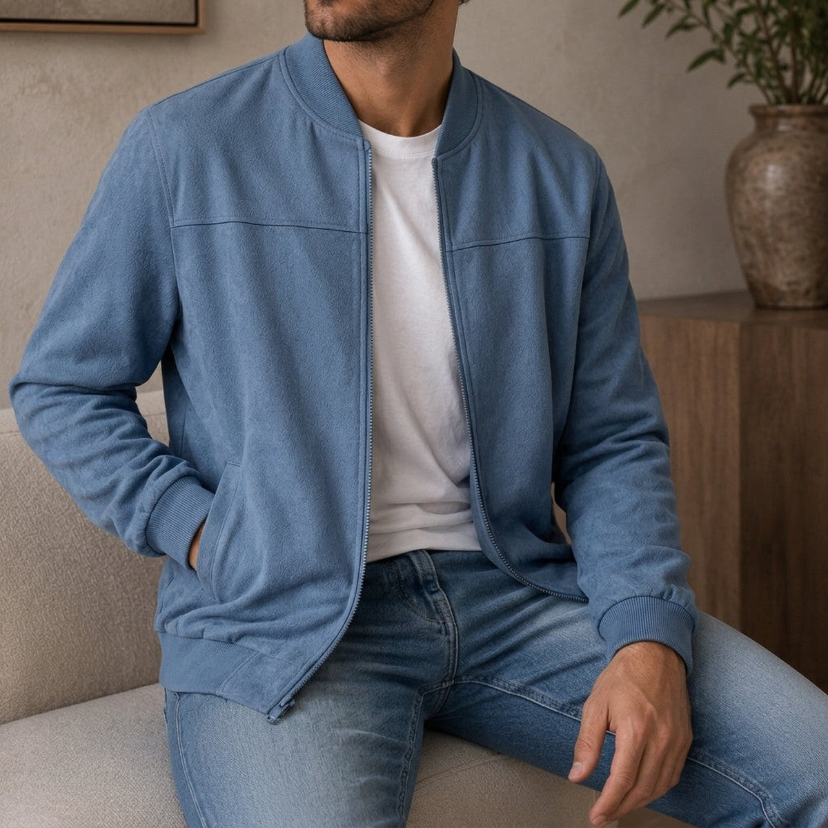 Casual Lightweight Zip Up Bomber Jacket with Ribbed Collar and Cuffs