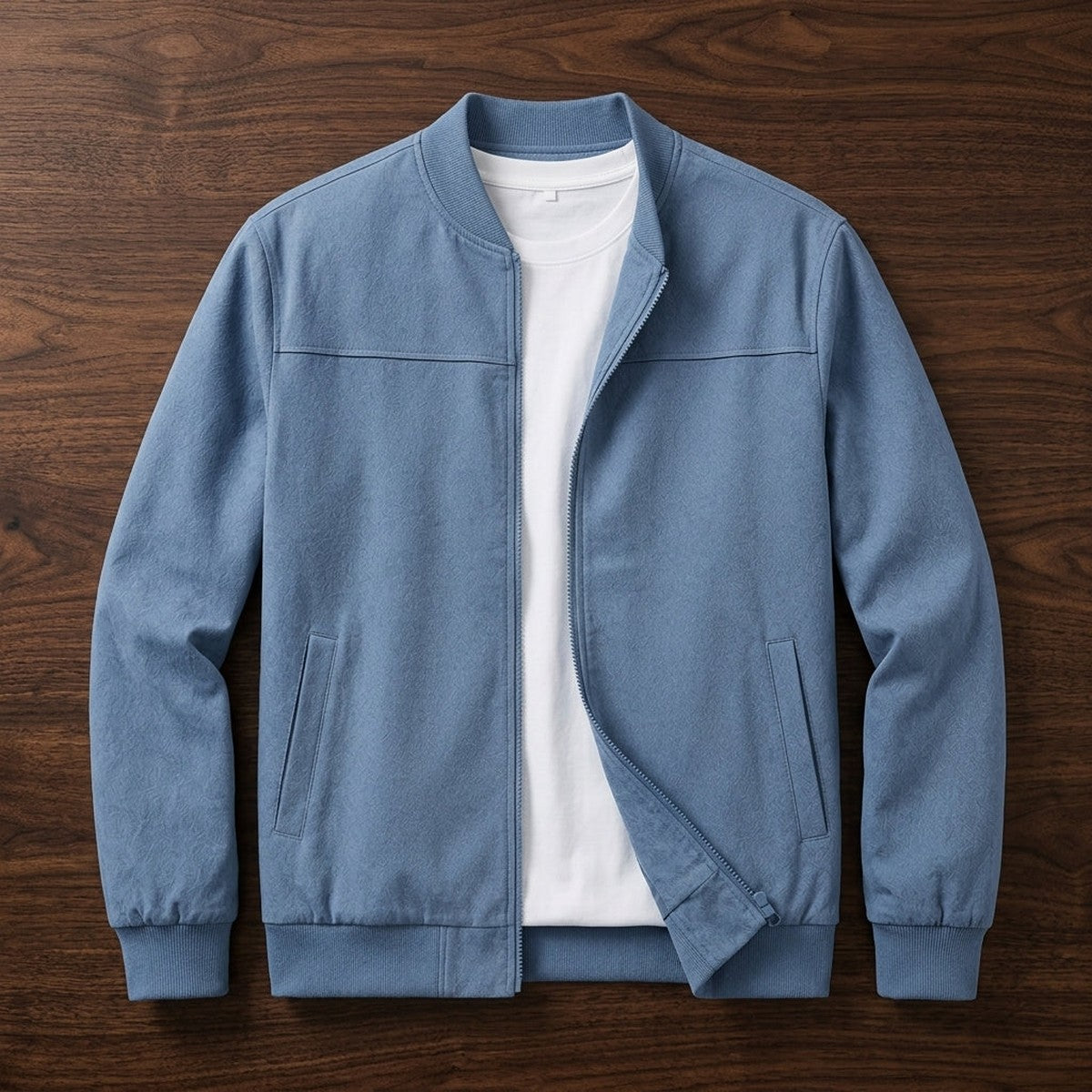 Casual Lightweight Zip Up Bomber Jacket with Ribbed Collar and Cuffs