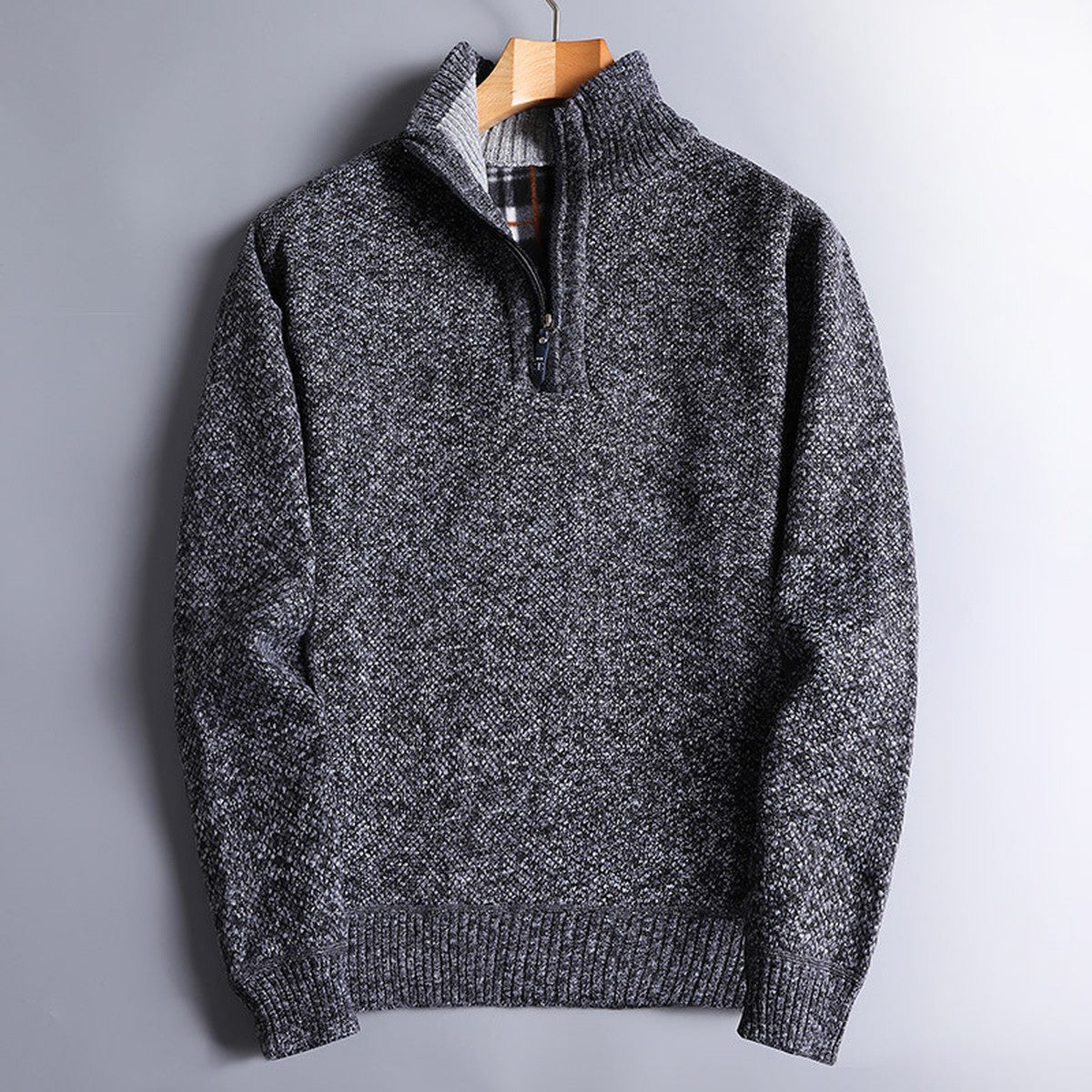 Mens Quarter Zip Knit Sweater with Mock Neck and Ribbed Texture