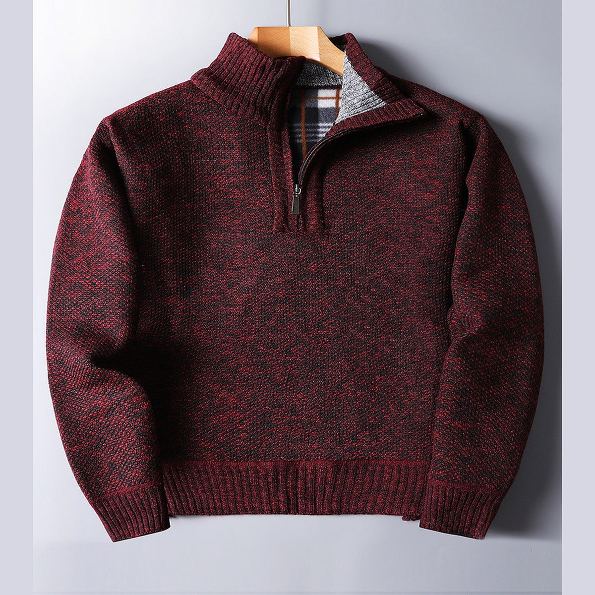 Mens Quarter Zip Knit Sweater with Mock Neck and Ribbed Texture