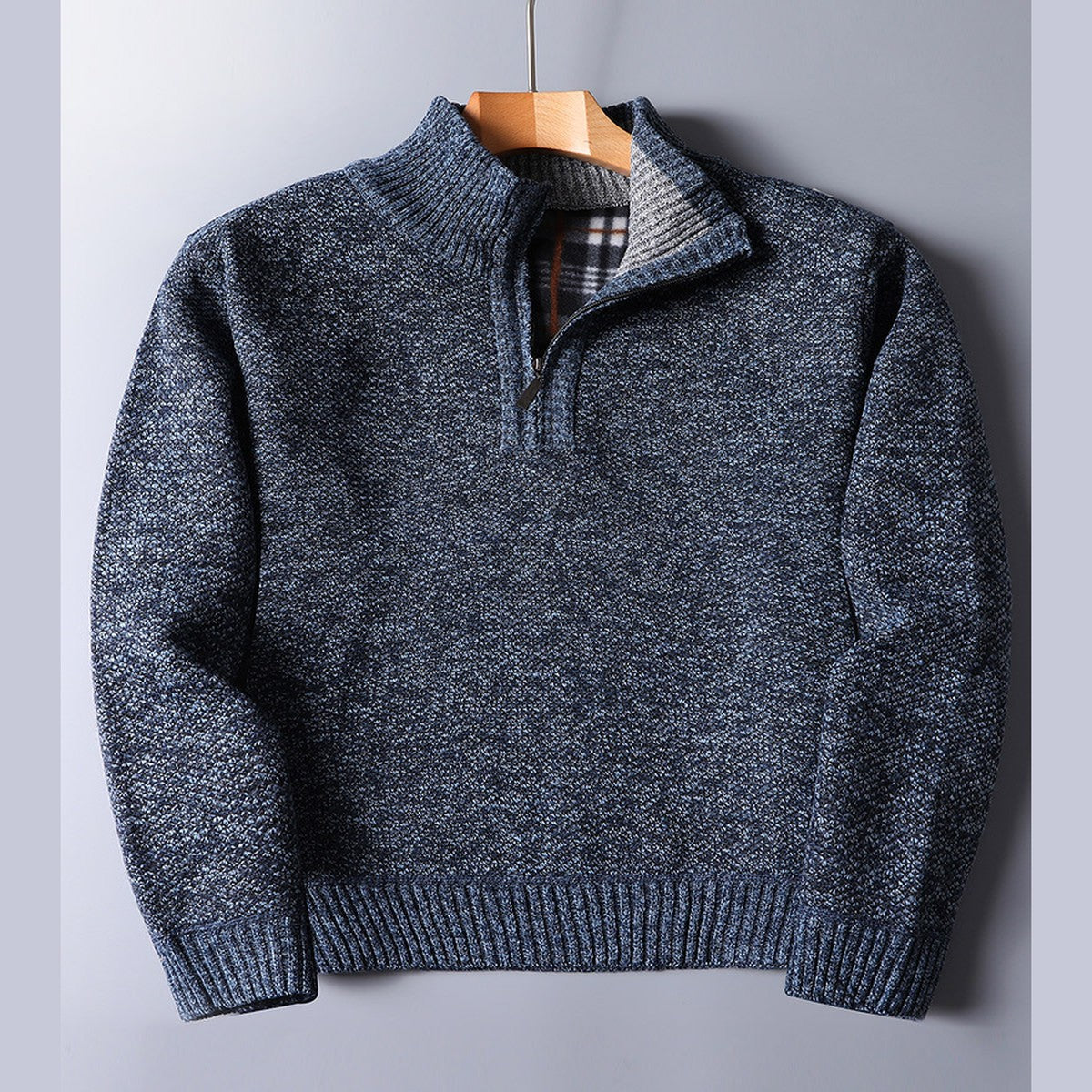 Mens Quarter Zip Knit Sweater with Mock Neck and Ribbed Texture