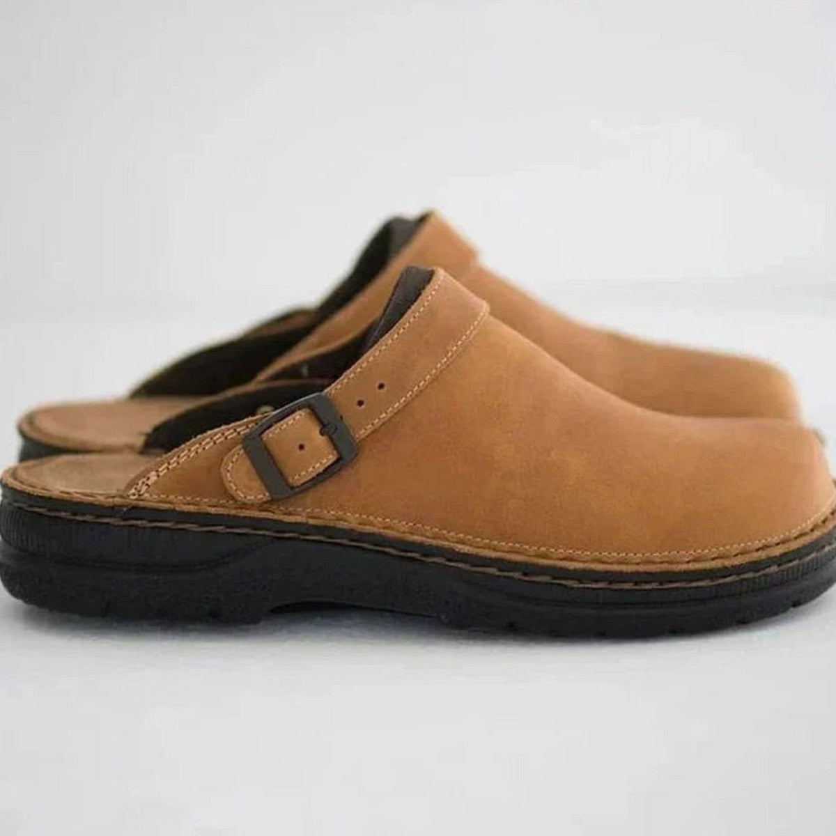 Mens Leather Slip On Clogs with Adjustable Buckle Strap, Arch Support