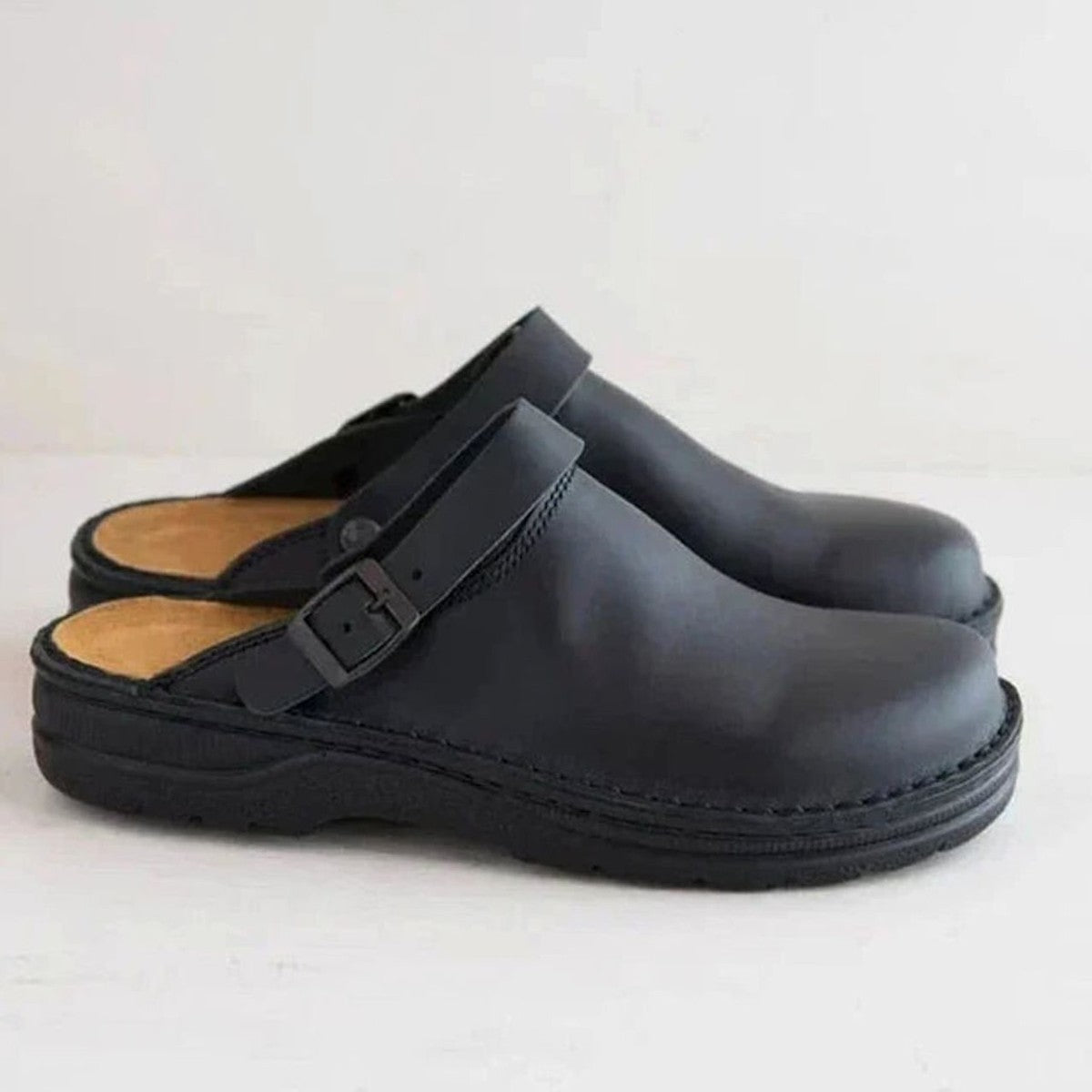 Mens Leather Slip On Clogs with Adjustable Buckle Strap, Arch Support