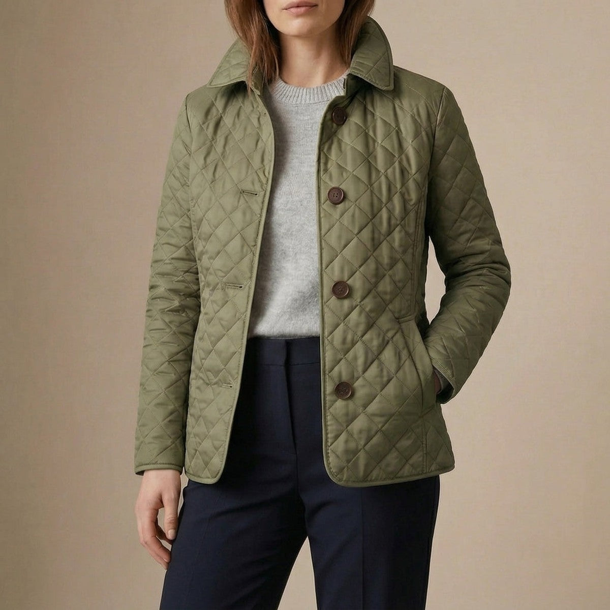 Quilted Puffer Jacket for Women with Snap Button Closure and Flap Pockets