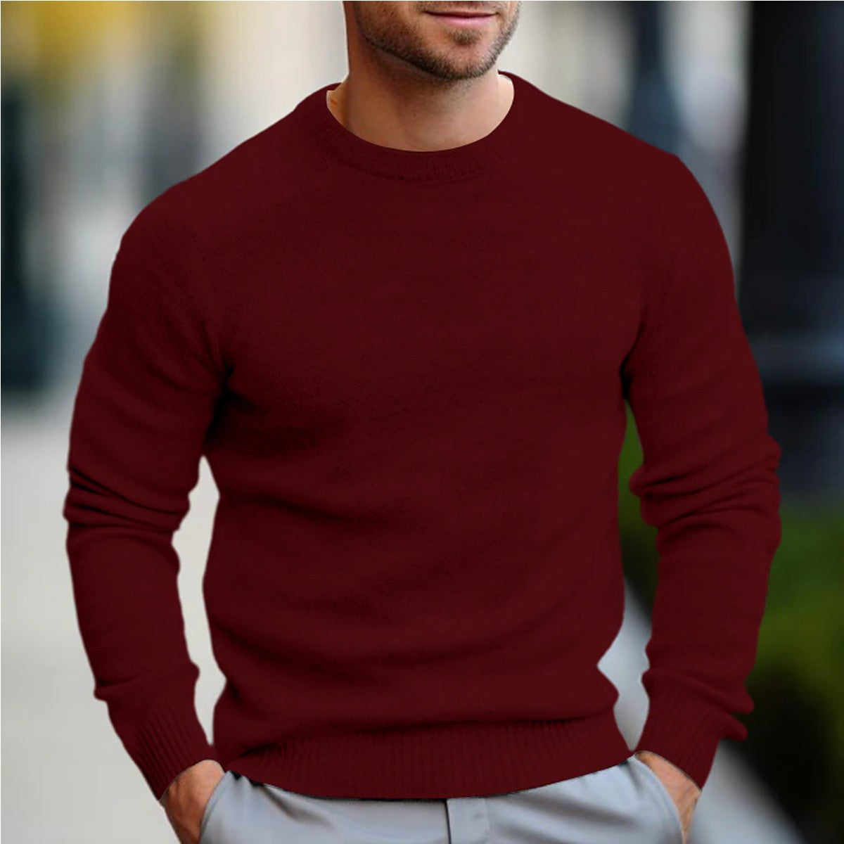 Long Sleeve Knit Pullover Sweater with Textured Waffle Pattern for Men