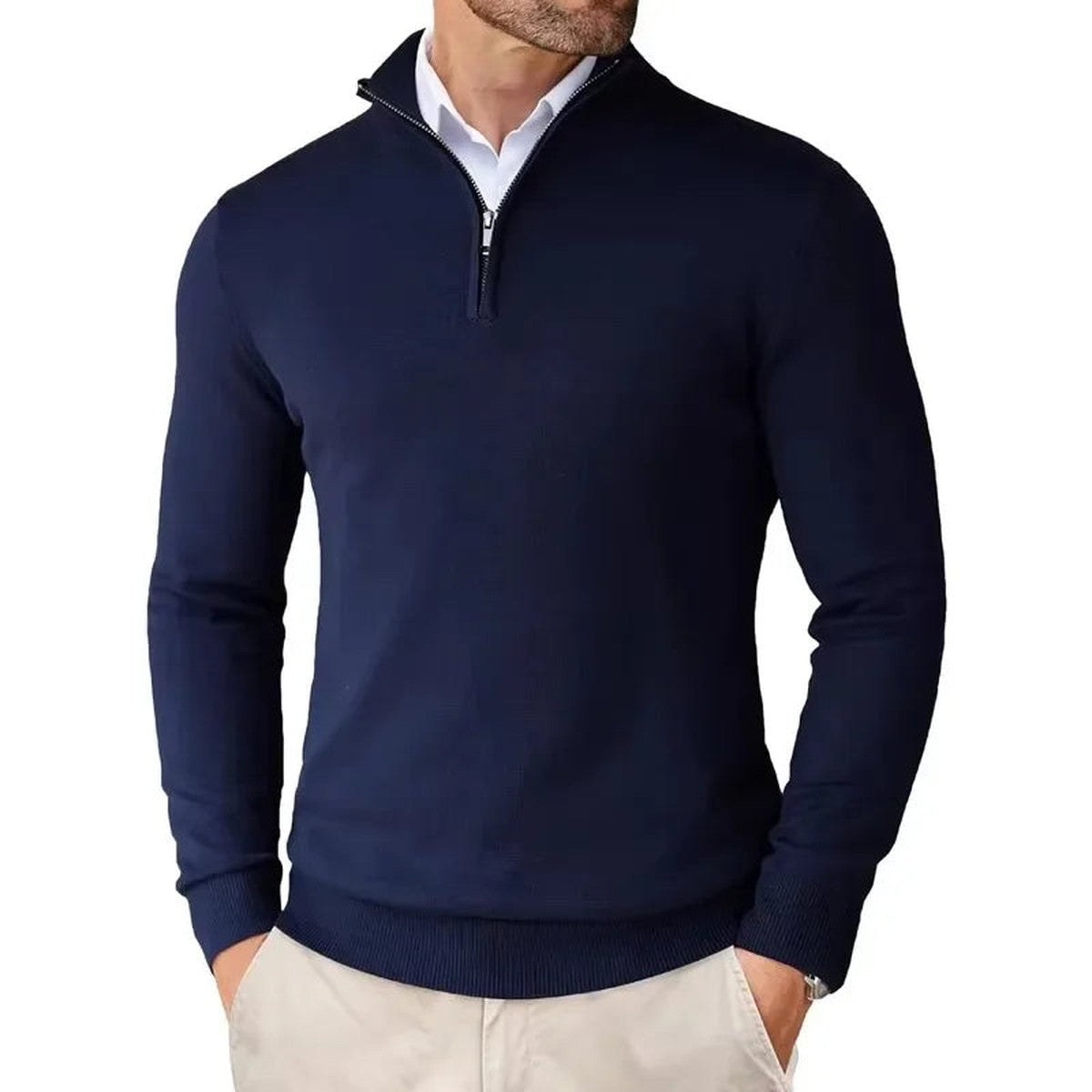 Mens Knitted Pullover Sweater with Quarter Zip and Ribbed Cuffs