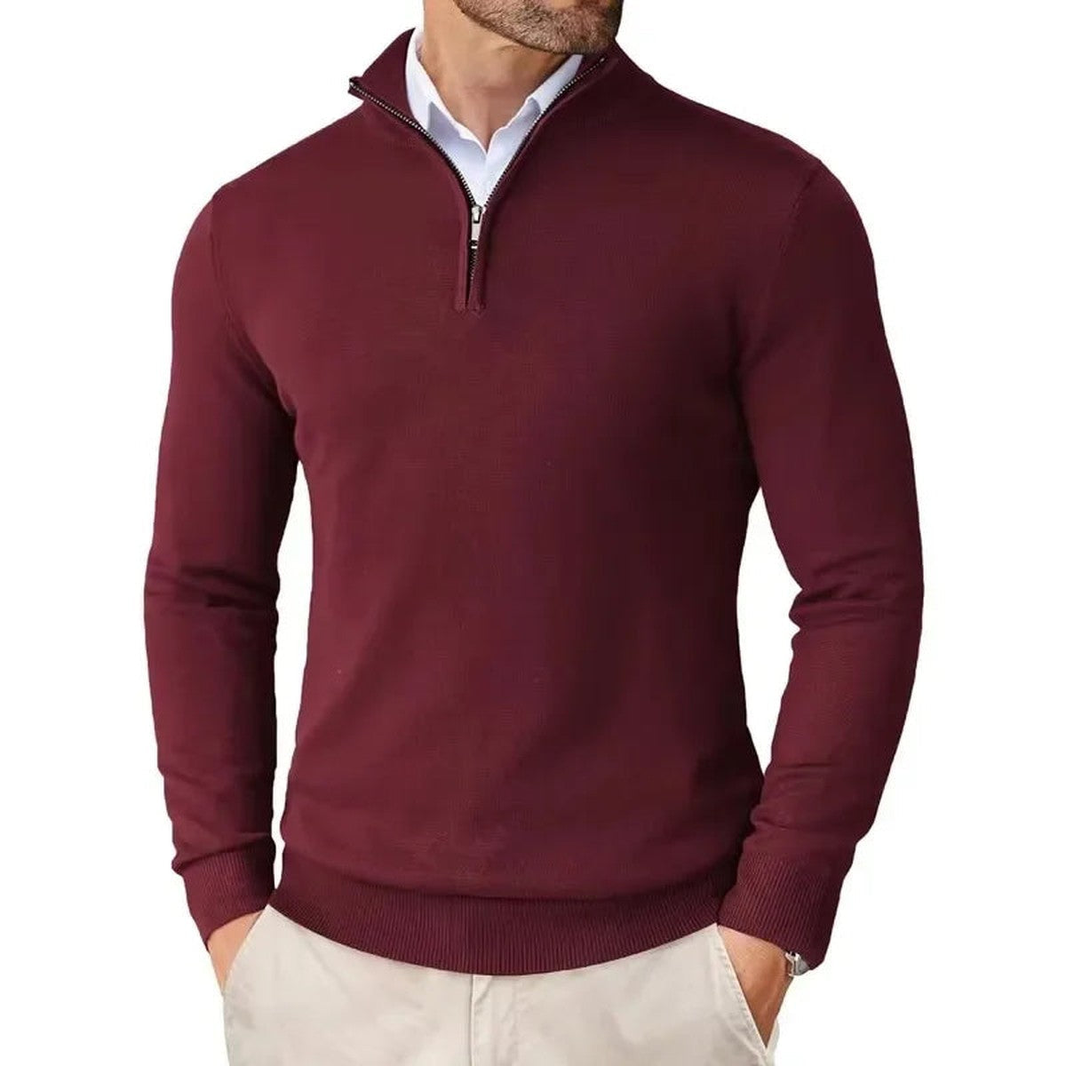 Mens Knitted Pullover Sweater with Quarter Zip and Ribbed Cuffs