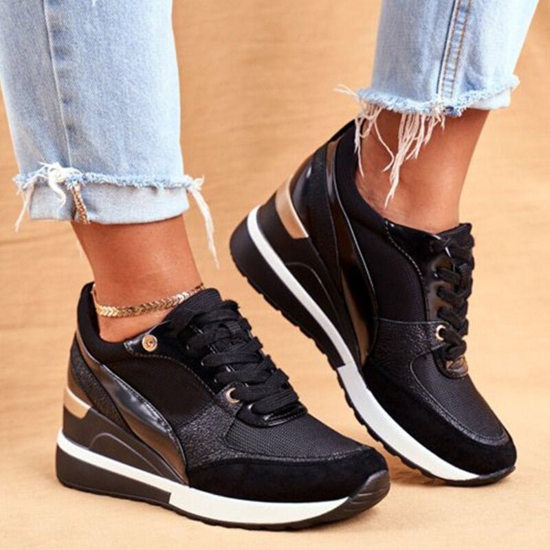 Womens Platform Sneakers with Metallic Accents and Cushioned Footbed, Breathable