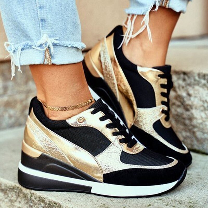 Womens Platform Sneakers with Metallic Accents and Cushioned Footbed, Breathable