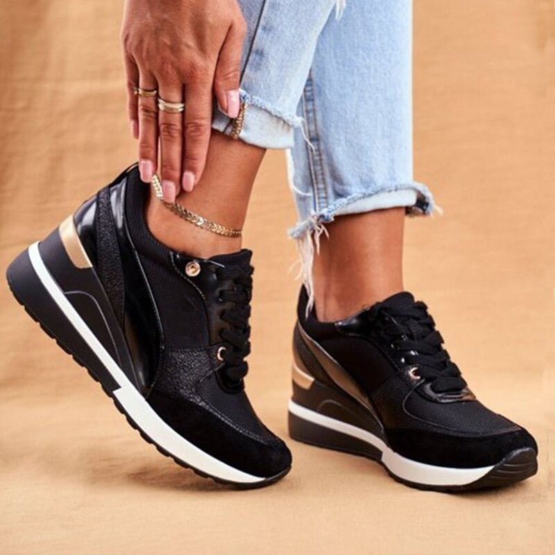 Womens Platform Sneakers with Metallic Accents and Cushioned Footbed, Breathable
