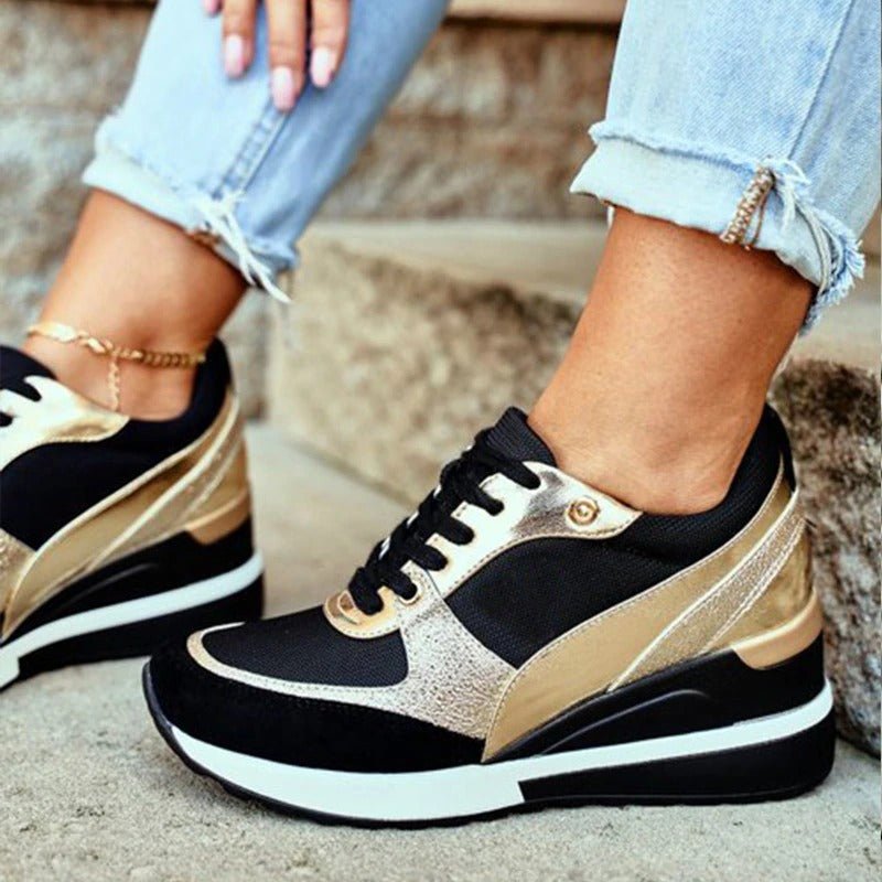 Womens Platform Sneakers with Metallic Accents and Cushioned Footbed, Breathable