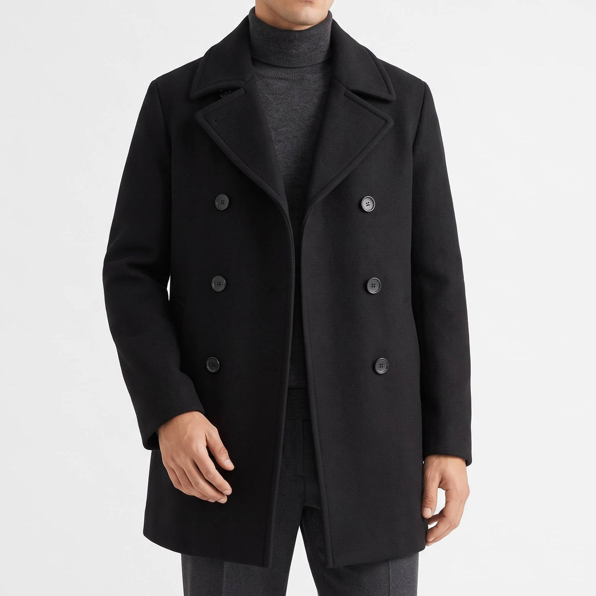 Black Wool Look Peacoat with Double Breasted Closure and Wide Notch Lapels for Men