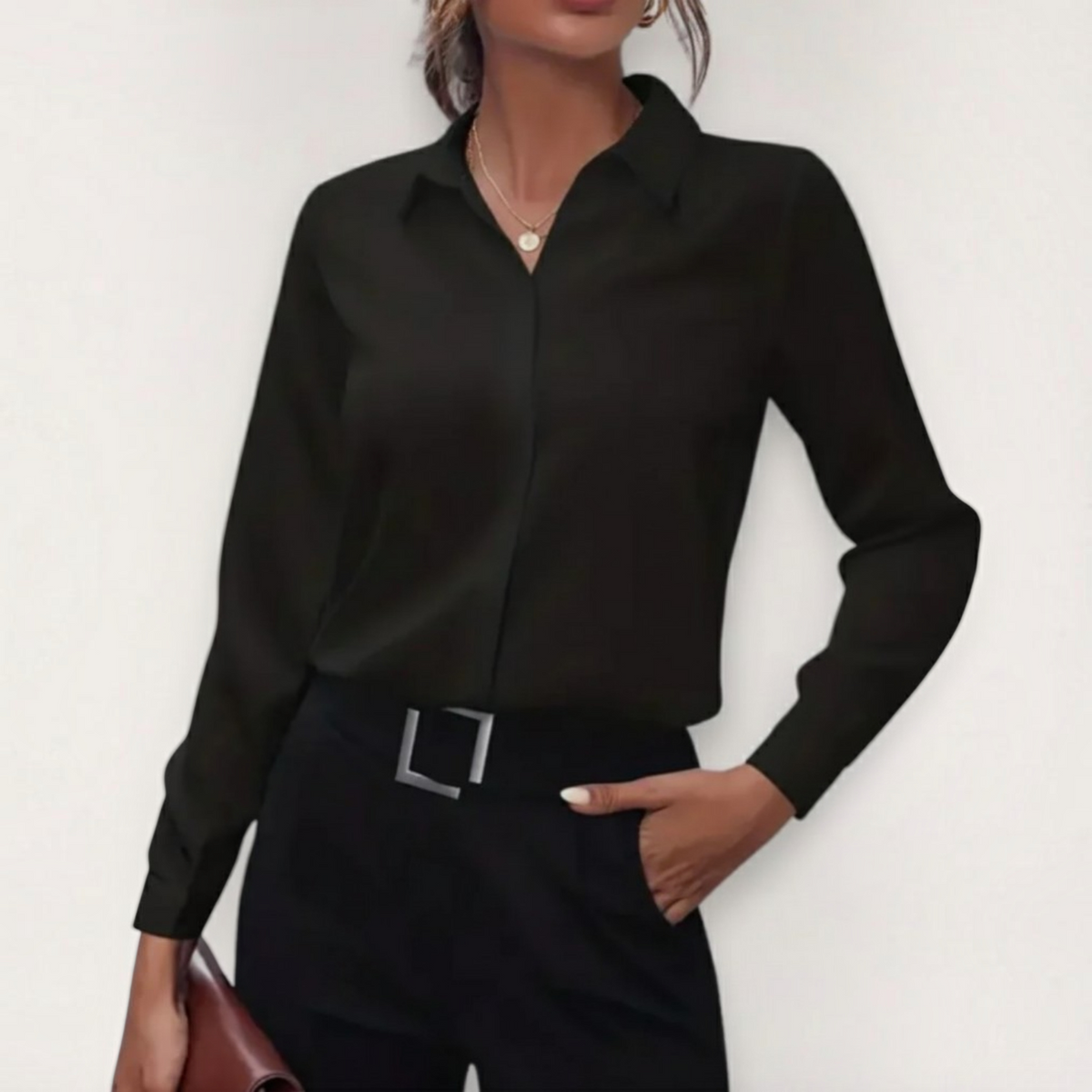 Button-Up Blouse with Classic Collar and Tapered Waist, Machine Washable
