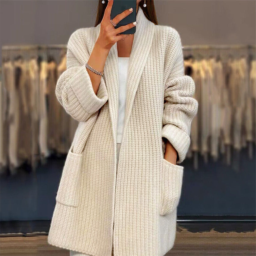 Open Front Cardigan with Shawl Neckline and Patch Pockets for Women