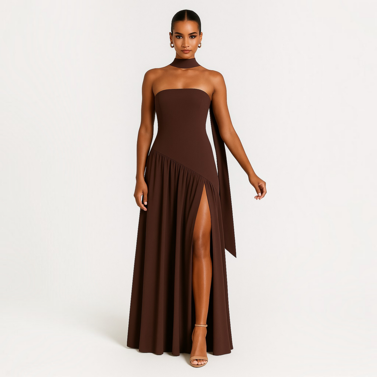 Strapless Evening Dress with Sculpted Bodice and Asymmetric Waist, High Front Slit