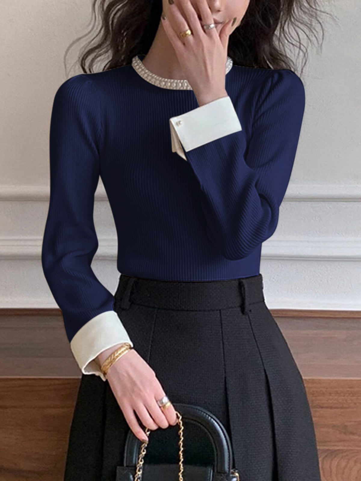 Ribbed Knit Sweater with Pearl Trim Crew Neck and Contrast Cuffs, Slim Fit