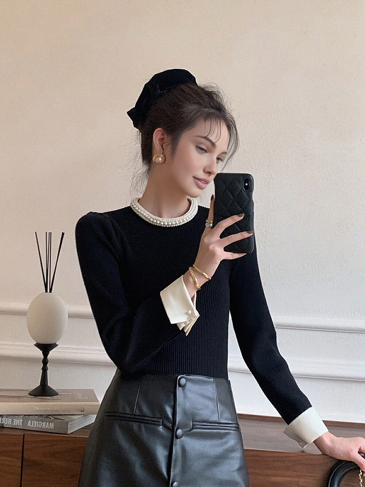 Ribbed Knit Sweater with Pearl Trim Crew Neck and Contrast Cuffs, Slim Fit