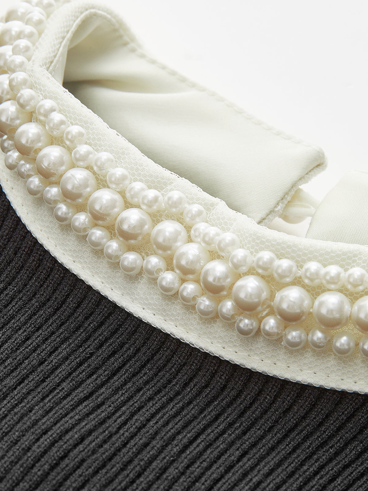 Ribbed Knit Sweater with Pearl Trim Crew Neck and Contrast Cuffs, Slim Fit